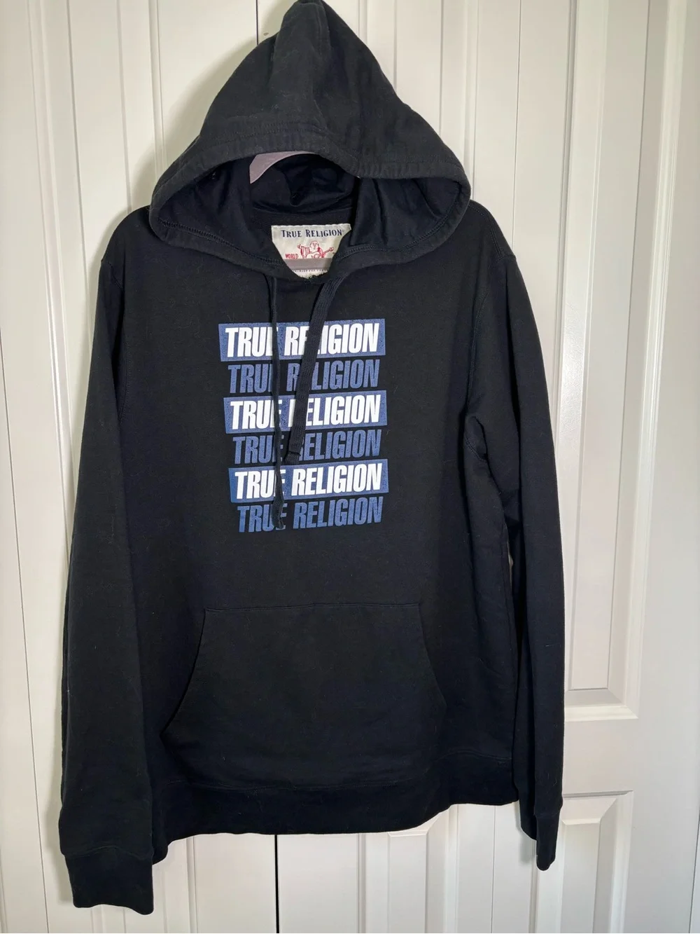 True Religion Men’s Slanted Repeat Logo Pullover Hoodie Black Size XXL (See PtP)
